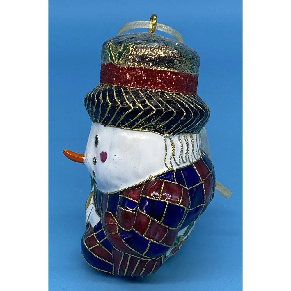Hand Painted Cloisonne, Bkd Enamel SNOWMAN Ornament W/Xmas Tree/ Hat/Carrot Nose